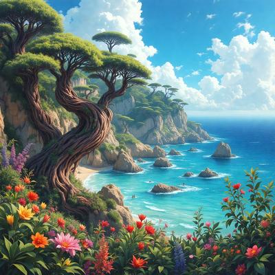The primary subject of the image is a beautiful beach scene with a lush green hillside and a blue ocean. The setting includes a rocky coastline, a sandy beach, and a forest of trees. The visual style of the image is a digital art or illustration, creating a vibrant and colorful atmosphere. The dominant colors include blue, green, and orange, with the vibrant flowers adding a touch of warmth and life to the scene. The overall mood of the image is serene and inviting, making it an ideal representation of a peaceful and picturesque beach setting.